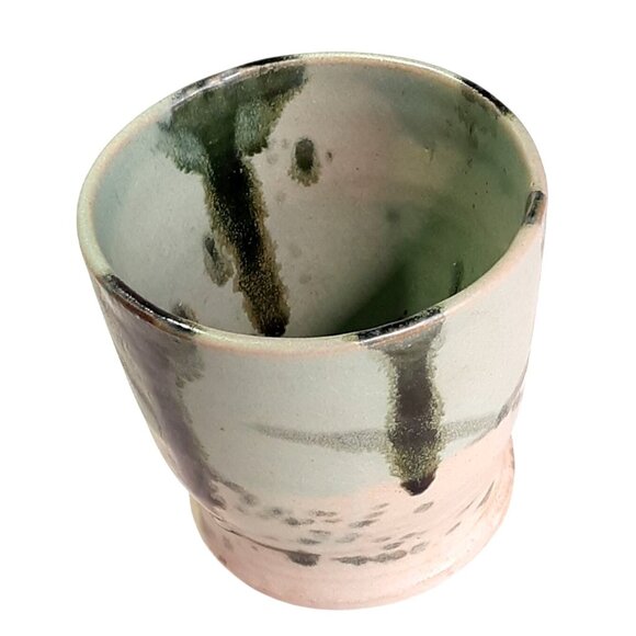 Handmade Ceramic Planter with Abstract Green & Beige Glaze - Picture 1 of 9